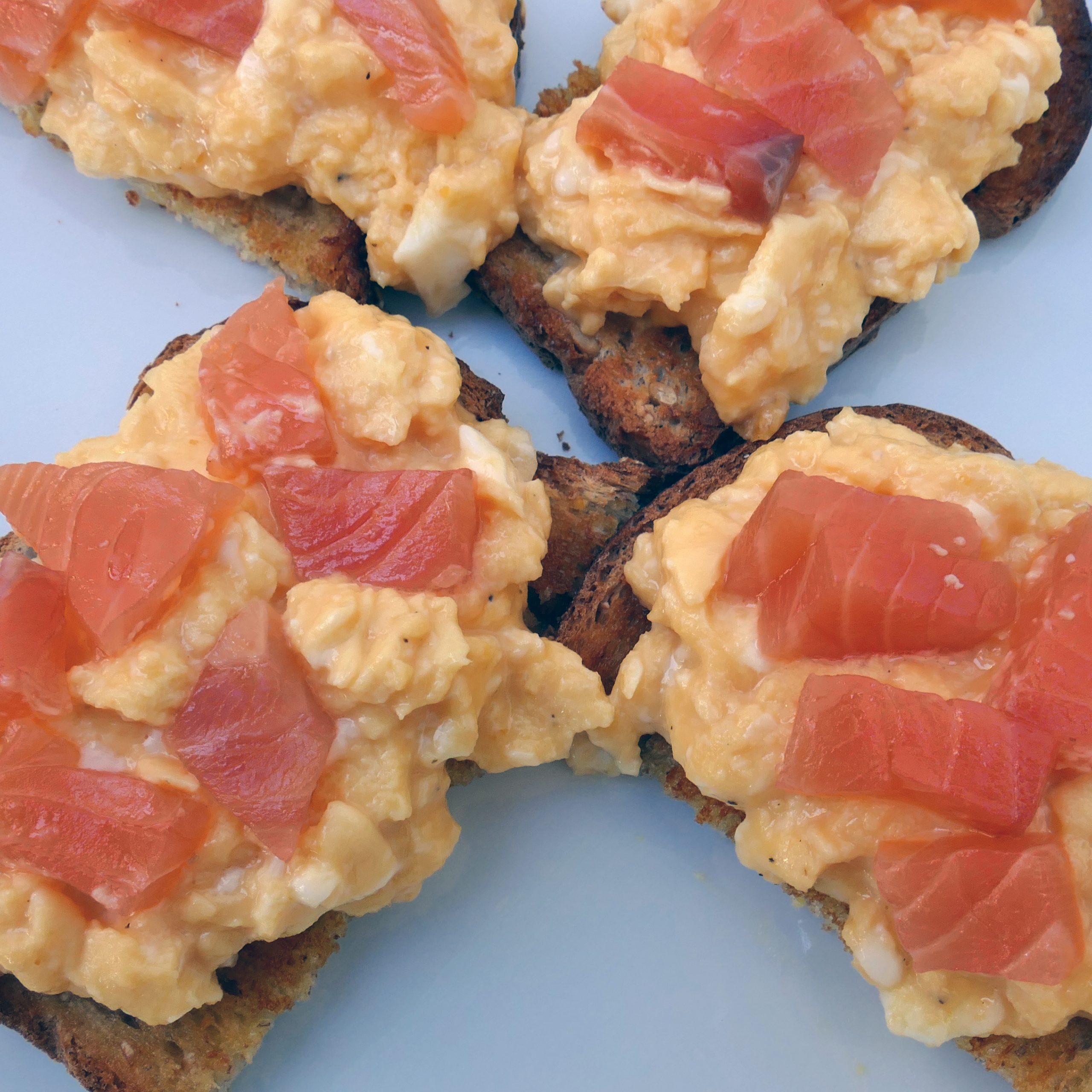 scrambled eggs and cured salmon